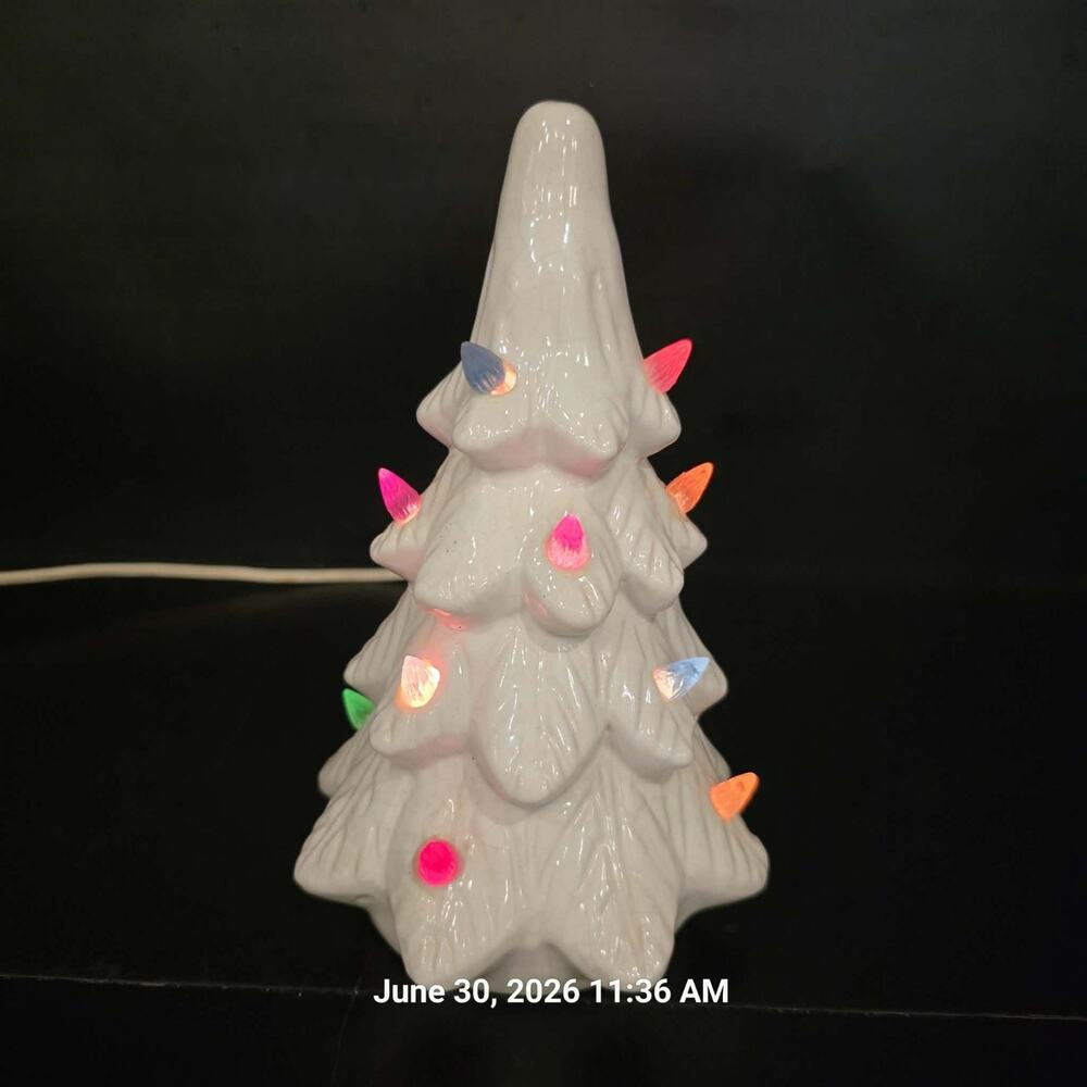 Vintage Ceramic Christmas Tree White Lighted 9" Tabletop Lamp Multicolor Lights